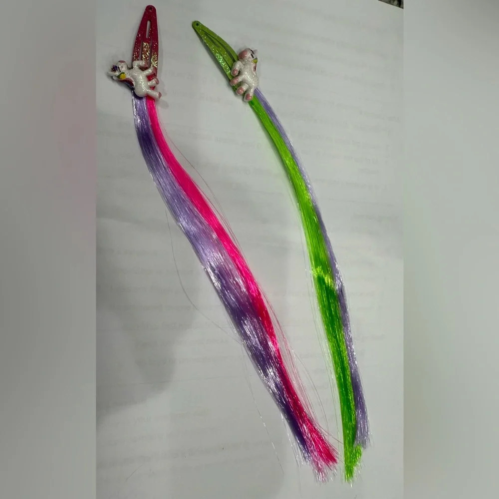 New Two Girl’s Colorful Faux Hair Extension Clips Unicorns
